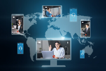 Poster - Creative globe map with computer screens and creative video conference call between attractive young european businesspeople. Digital blue background. Work, home and remote team concept.
