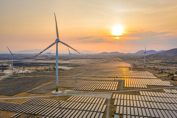 Wall Mural - Aerial view of Solar panel, photovoltaic, alternative electricity source - concept of sustainable resources on a sunny day, Thuan Bac, Ninh Thuan, Vietnam