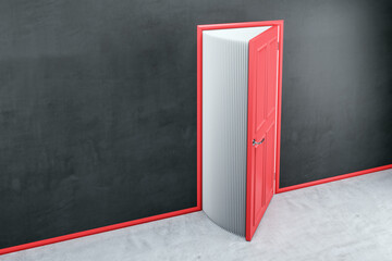 Poster - Creative open red book door in concrete interior. Education, knowledge, opportunity and success concept. 3D Rendering.