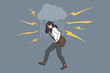 Unhappy young woman surrounded by lightings feeling aggression and rage. Angry mad female struggle with negative emotions and nervous breakdown. Psychological problem. Vector illustration. 