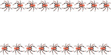 Vector Border, Frame From Russet Spiders In Doodle Flat Style. Horizontal Top And Bottom Edging, Decoration Of Theme Of Insects, Animals, Halloween, Phobias