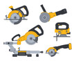 Work tools set. Flat vector icons of building and repair power tools electric circular saw, mini circular saw, jig saw, angle grinder and miter saw. Construction, carpentry woodwork building equipment