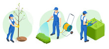 Isometric Gardeners, Farmers And Workers Caring For The Garden, Growing Agricultural Products, Watering A Vegetable Garden, Plant Fruit Trees
