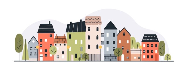 Fototapete - Town with cute houses, buildings exterior. Cozy city in Scandinavian style. Cityscape with sweet homes. Urban street with Scandi architecture. Flat vector illustration isolated on white background