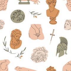 Wall Mural - Modern Greek pattern with ancient sculptures, statues. Endless background design with Greece gods, goddesses repeating print. Trendy abstract antique texture. Colored flat vector illustration