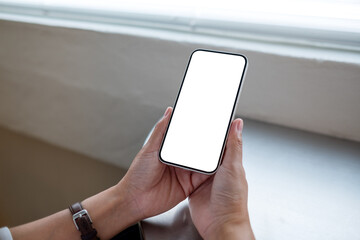 mockup image of a woman holding mobile phone with blank desktop screen
