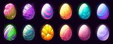 Cartoon Dragon Eggs With Different Eggshell Textures Isolated Set, Fairy Tale Ui Game Assets, Strange Dinosaurs, Reptiles, Birds, Monsters Or Easter Colorful Ovum Design Elements, Vector Illustration