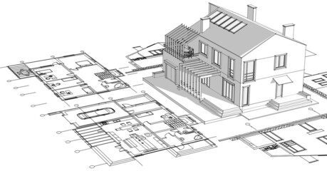 house architectural sketch plan 3d rendering