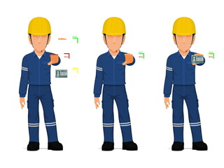 set of industrial worker is presenting a card