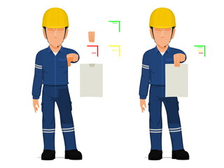 set of industrial worker is presenting a piece of paper