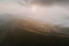 Scenic View Sunrise Over Tranquil, Foggy Hill Landscape, Castleton, Derbyshire, England
