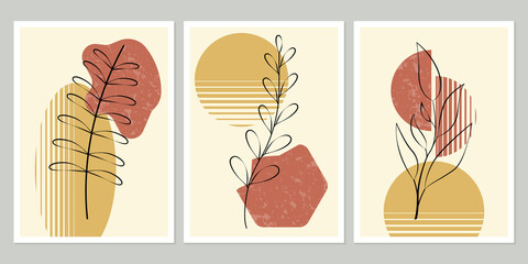 Wall Mural - boho abstract art poster set. modern botanical design with line leaf or plant. organic geometric sha