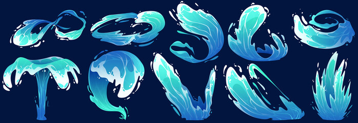 Wall Mural - blue water splashes, sea or ocean waves, swirls, fountain. vector cartoon set of flowing water strea