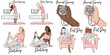 Set of wellness workout icons illustrations. Woman doing home training, hand with stopwatch, beautiful lady doing stretching, woman having rest day and reading in armchair.
