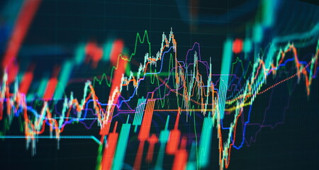 Technical price graph and indicator, red and green candlestick chart on blue theme screen, market volatility, up and down trend. Stock trading, crypto currency background.