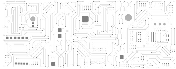 Black and white circuit electronic or electrical line with circuit board engineering technology concept vector background