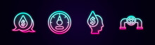 Set Line Oil Drop With Dollar Symbol, Motor Gas Gauge, And Pipe Valve. Glowing Neon Icon. Vector