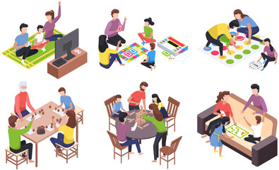 Wall Mural - Happy children playing board game with parents, have fun at home. Family entertainment scenes set. People sit together at table or on floor in living room play games. Parents and kids in everyday life