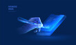 © Lagunov - Digital signature contract in futuristic style with light effect. Hand with a pen on the background of a smartphone, the concept of signing an online document in the application. Isometric vector