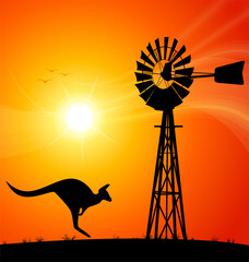 Wall Mural - windmill and kangaroo australian silhouette sunset