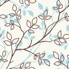 Fototapete - Abstract seamless pattern with decorative leaf silhouette. Brown and blue twigs on yellow background. Vector stock illustration	

