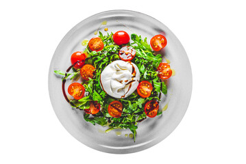 Wall Mural - salad with burrata cheese, arugula salad and tomatoes in plate isolated on white background