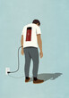 © fStop - Man charging battery in back with plug, standing at electric outlet