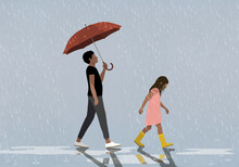 Man With Umbrella Following Girl Walking In Rain Downpour
