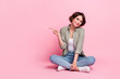 © deagreez - Full size portrait of pretty positive lady indicate finger empty space novelty isolated on pink color background