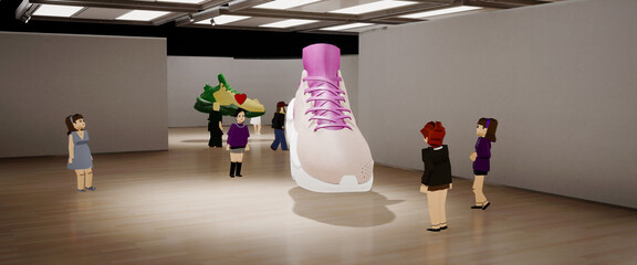 Wall Mural - People playing as avatars in virtual reality metaverse shop, discussing new sneaker model during the presentation. Fashion retail concept, sport gamification. Generic 3d rendering