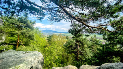 Wall Mural - View from Krkavčí Skal (Vajoletky) to Ještěd ridge. Rocks near Křižany near Ještěd in the Liberec region. Spring romantic landscape in the Czech Republic.