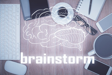 Poster - Multi exposure of creative drawing over table with phone. Top view. Concept of startup.