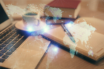 Aufkleber - Double exposure of social network drawing and desktop with coffee and items on table background. Concept of international connection.
