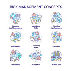 Risk management concept icons set. Identifying and mitigating risks idea thin line color illustrations. Market failure. Isolated symbols. Editable stroke. Roboto-Medium, Myriad Pro-Bold fonts used