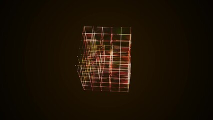 Poster - Graphic neon animated symbol of squares, rhomb. Maze icon. Design randomly rotating Rubik's Cube. Rainbow glow. Movement energy. Cosmic body. Background logo, technology, science, business. 4k.