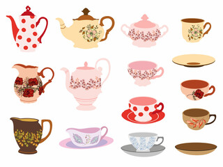 vector art of tea set of dishes, sticker, icon clipart