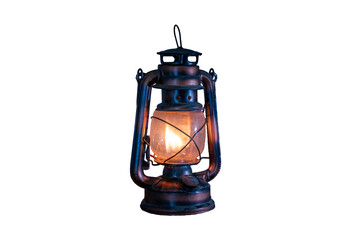 antique kerosene lamp with lights on a white background.