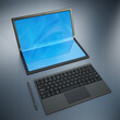 Futuristic laptop computer with foldable screen and pen. 3D illustration