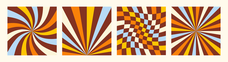 Poster - Bright abstract set backgrounds with sunburst, wavy checkerboard and  swirled radial striped design. Trendy vector retro illustration in style 70s, 80s