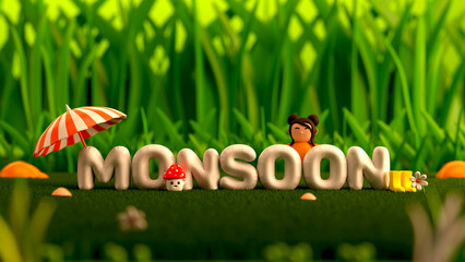 Sticker - 3D Monsoon Font With Little Girl Standing, Umbrella, Mushroom, Boots On Green Blurred Nature Background.