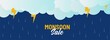 Monsoon Sale Banner Or Header Design With Thunderstorms On Blue Background.