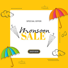 Wall Mural - Monsoon Sale Poster Design Decorated With Umbrella, Drops, Paper Boat, Clouds On White And Chrome Yellow Background.
