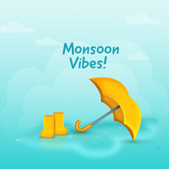 Poster - Monsoon Vibes! Lettering With Realistic Umbrella And Boots On Sky Blue Background.