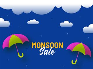 Sticker - Monsoon Sale Poster Design With Two Umbrella, Water Drops And Clouds On Blue Background.