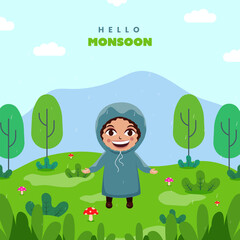 Poster - Hello Mushroom Concept With Cheerful Boy Wearing Raincoat On Natural Rainfall Background.