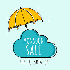 Sticker - UP TO 50% Off For Monsoon Sale Poster Design With Umbrella In Blue Color.