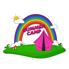 Poster - Summer Camp Poster Design With Tent, Rainbow, Sun, Cloud, Mushroom On Green Nature And White Background.