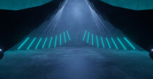 SciFi Galactic Empty Smoke Deep Blue Green Laser Cyberspace Background Interior Metal Mesh Corridor Background 3D Rendering