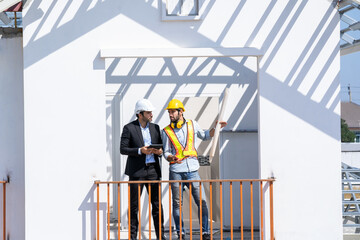 Poster - Engineer and businessman planning new residential subdivision home building in construction site.