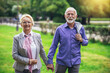 © Mediteraneo - Senior active caucasian couple holding hands looks happy in the park in the afternoon